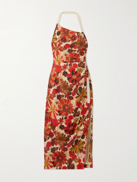 Castella tie-detailed gathered floral-print linen halterneck midi dress Multi