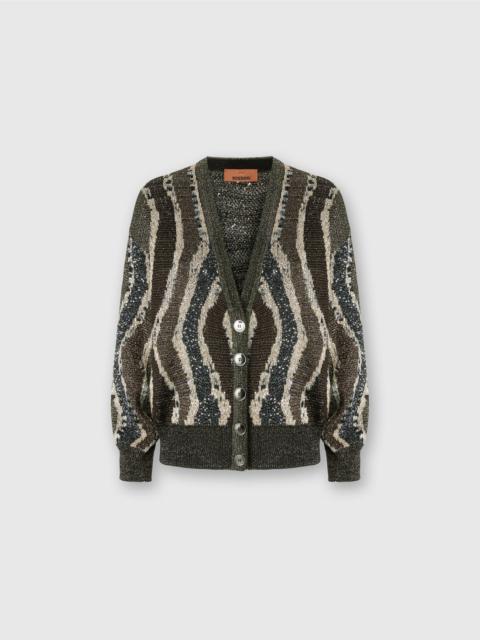 Boxy Cardigan with Buttons and Wave Pattern