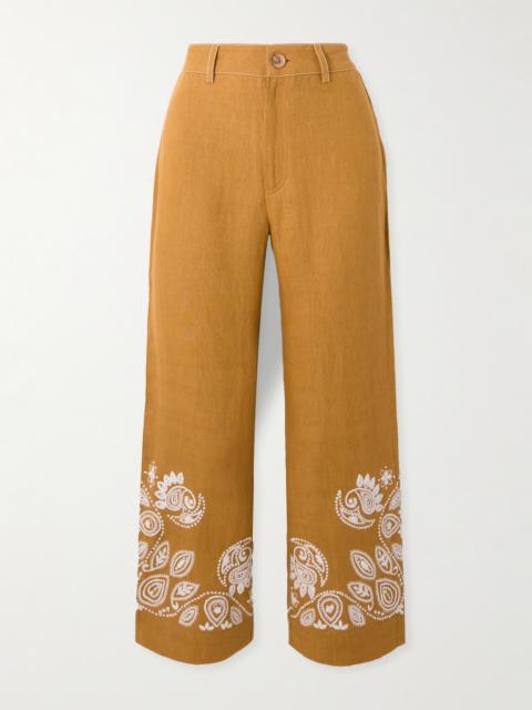Paige Cropped Embroidered Linen Bootcut Pants