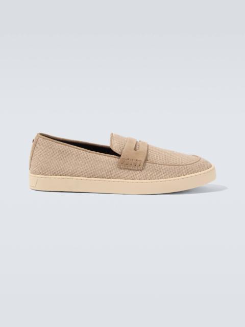 Woven suede-trimmed penny loafers