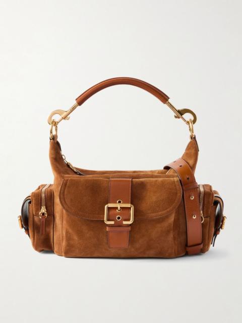 Camera leather-trimmed suede shoulder bag Tan