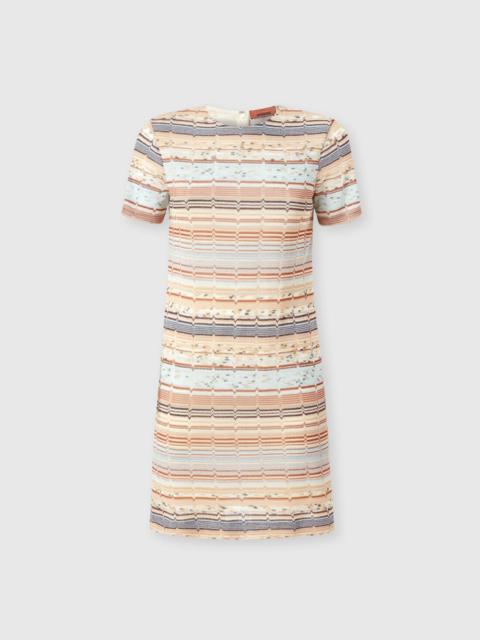 Short-sleeved mini-dress with Greek zig zag lamé