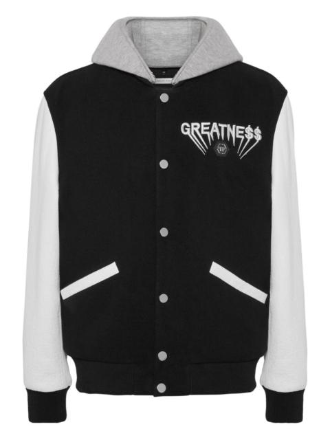 hooded leather-sleeve bomber jacket