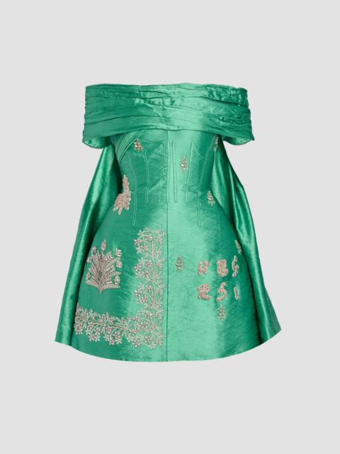 EMBELLISHED TEXTURED SATIN OFF SHOULDER MINI DRESS