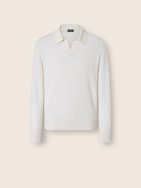 WHITE MÉLANGE CASHMERE AND SILK POLO SHIRT