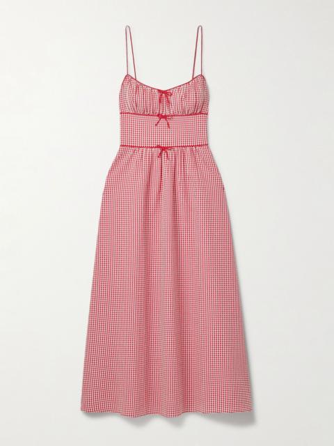 Belline bow-detailed gingham recycled-seersucker midi dress Red