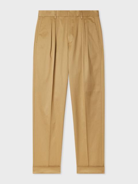Tan Stretch Cotton-Twill Double-Pleat Trousers