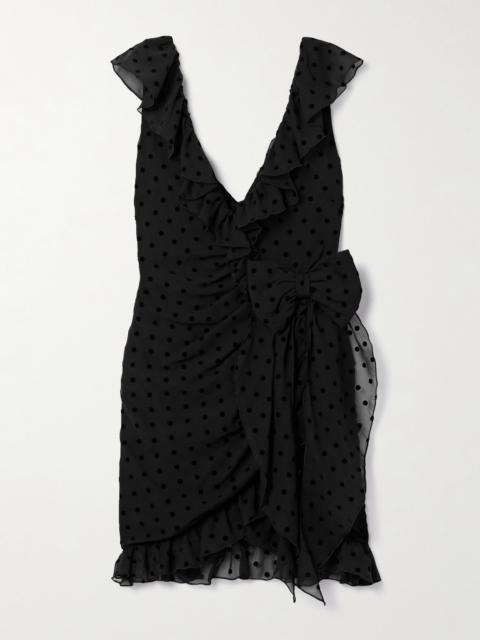 Bow-embellished Ruffled Flocked Silk-chiffon Mini Dress