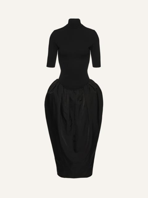 High-neck puff skirt midi dress in black