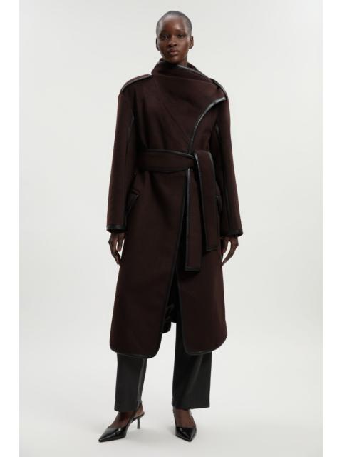 Petite Brushed Wool Pu Mix Scarf Neck Belted Tailored Maxi Coat
