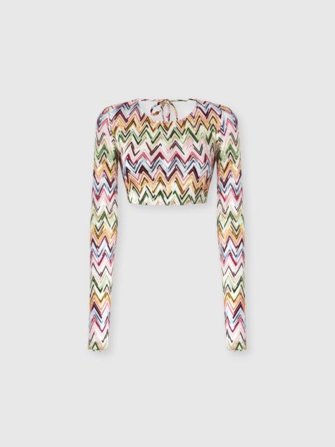 Crop top in stretch viscose with lace and zigzag motif