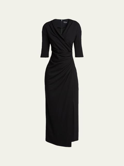 Elbow-Sleeve Draped Crepe Slit Midi Dress