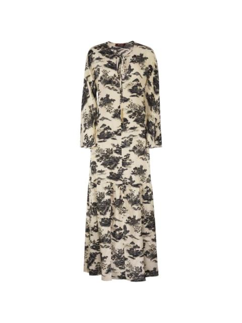landscape-print drawstring maxi dress