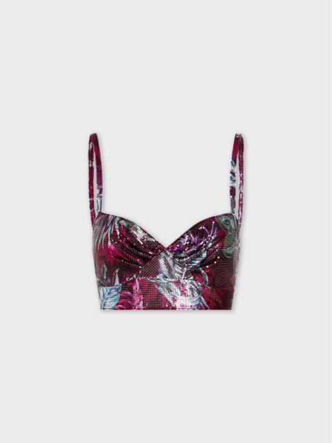 SLEEVELESS BRALETTE TOP IN PALM TREE-PRINTED MESH