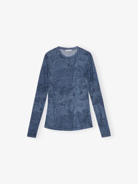 BLUE PRINTED MESH LONG SLEEVE BLOUSE