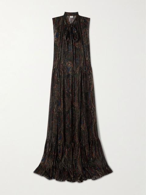 Pleated tiered paisley-print metallic silk-blend georgette maxi dress Black