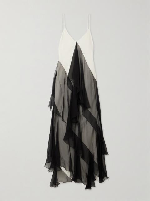 Megara Asymmetric Ruffled Two-tone Silk Crepe De Chine And Crepon Midi Dress