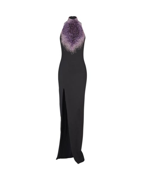 Milano jersey halterneck dress with Amethyst embroidery