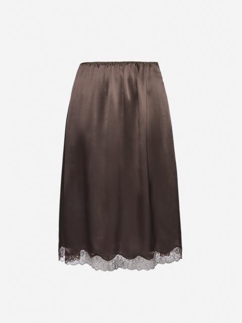 Silk lace-trim slip skirt in brown