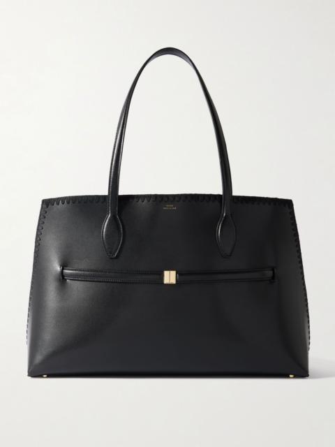 Belted whipstitched leather tote Black