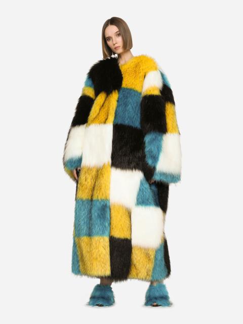 Damier-design long-hair faux fur coat