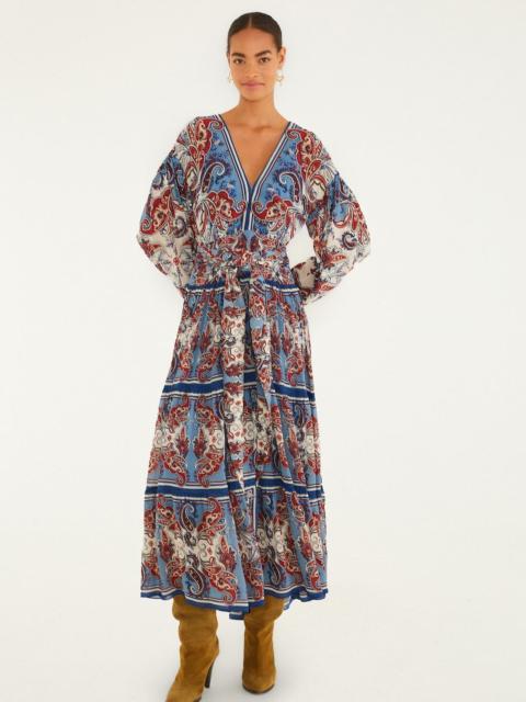 Blue Paisley Scarf Long Sleeve Maxi Dress
