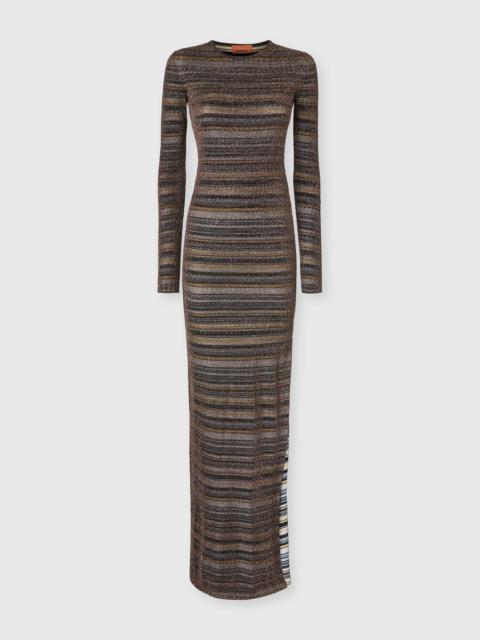 Striped Viscose Lamé Gown with Slit