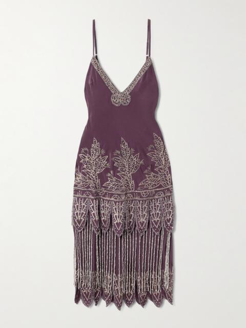 Epoque Fringed Embroidered Embellished Silk-crepe Midi Dress