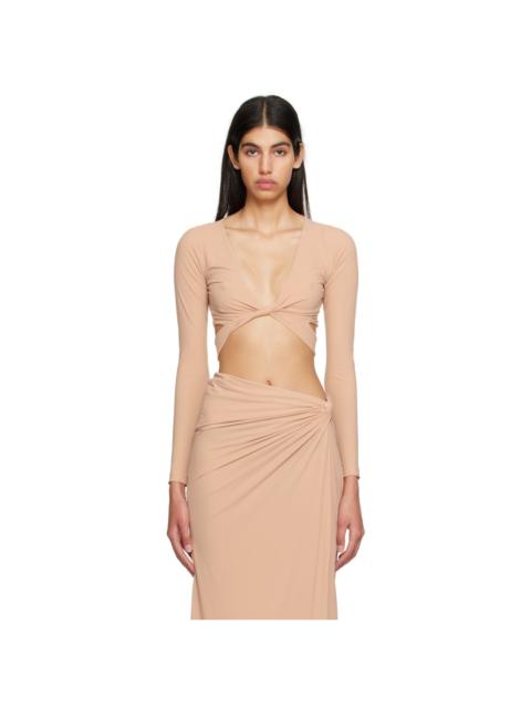 Beige Plunging Long Sleeve T-Shirt