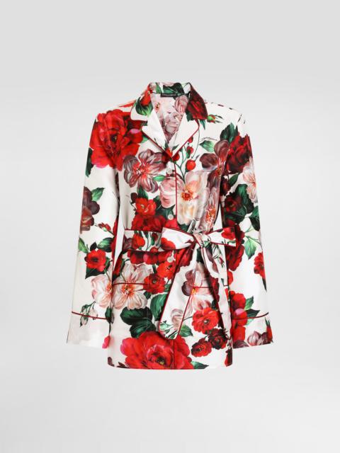 Long-sleeved twill pajama shirt with rose print