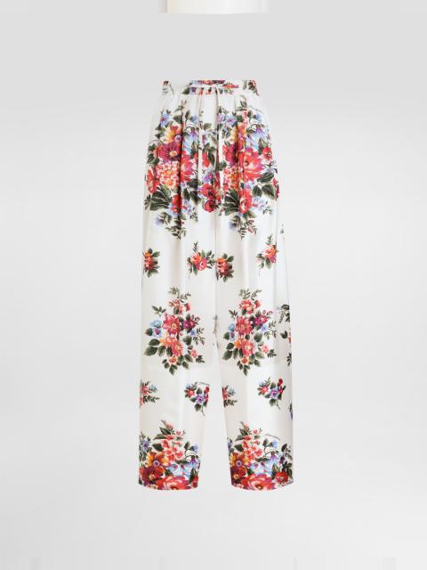 Flower bouquet-print twill trousers