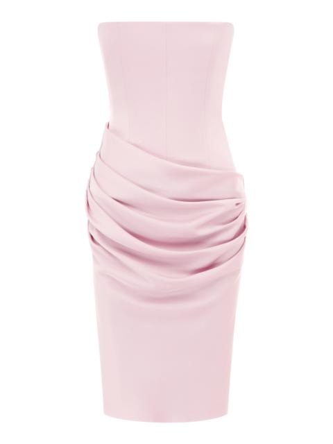 Strapless Draped Satin Crepe Midi Dress pink