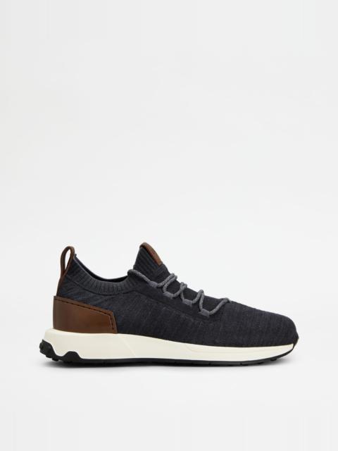 SOCK SNEAKERS IN TECHNICAL FABRIC AND LEATHER - BLUE, BROWN