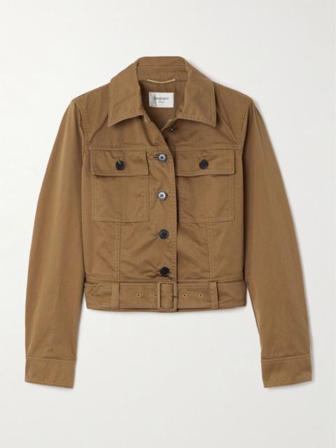 Cropped belted organic cotton-twill jacket Sand