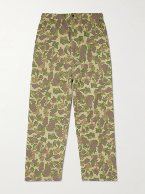Wide-Leg Camouflage-Print Herringbone Cotton Trousers Green