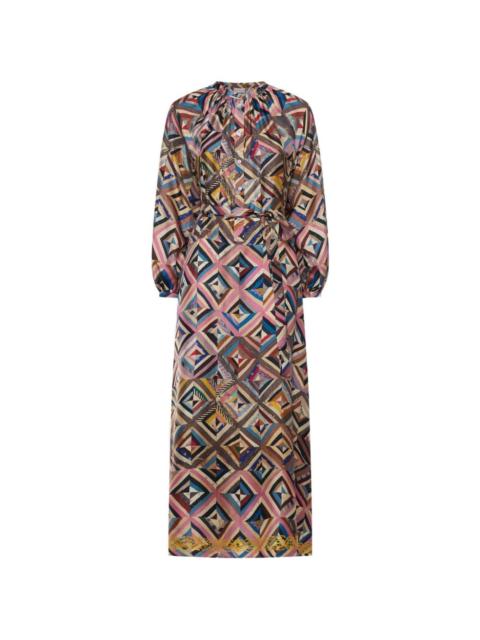 balloon-sleeve geometric-pattern midi dress
