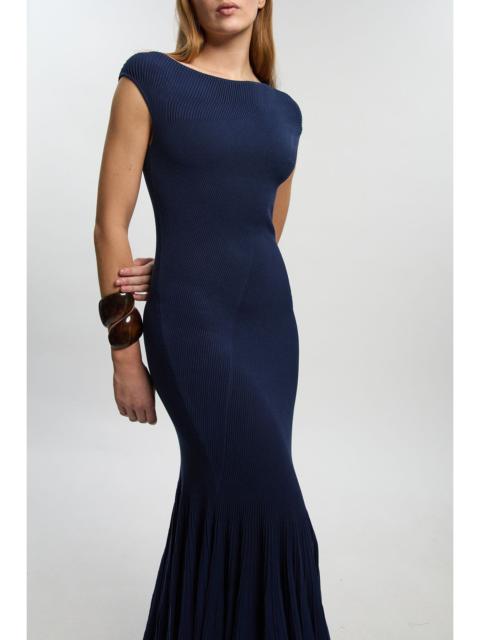 Sheer Detail Pleated Knit Midi Dress