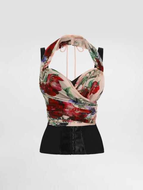 Marquisette and chiffon corset top with floral print