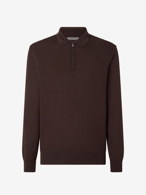 Brown zip-up extra fine wool polo shirt
