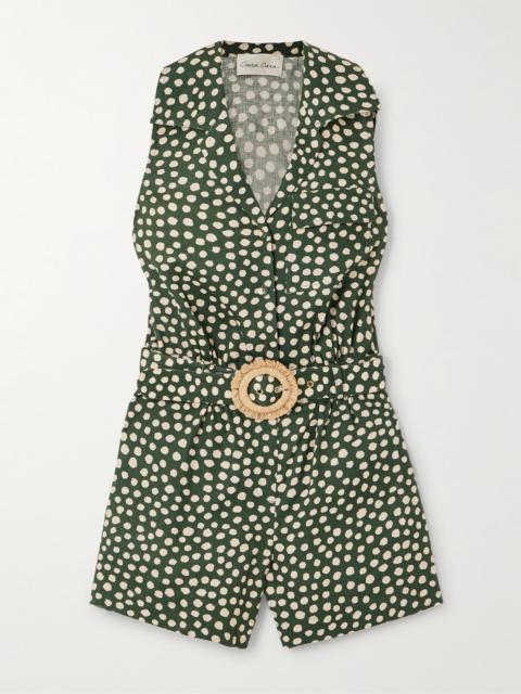 Yuki Belted Pleated Polka-dot Linen Playsuit