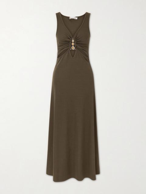 Droplet Embellished Cut-out Ribbed-jersey Midi Dress
