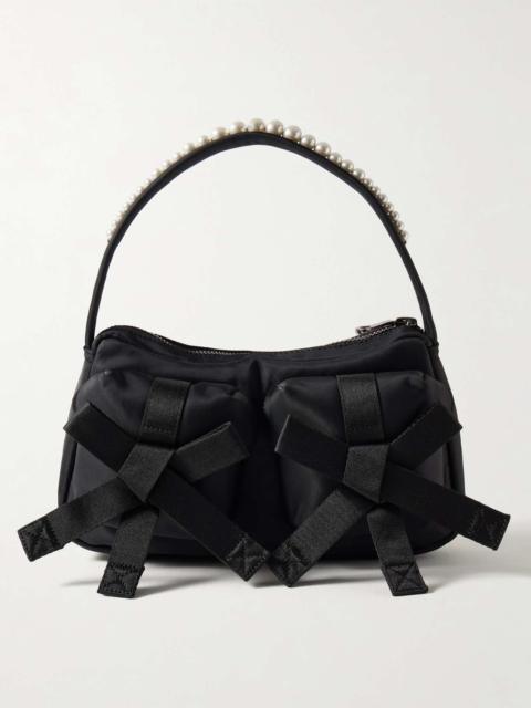 Webbing-trimmed faux pearl-embellished shell shoulder bag
