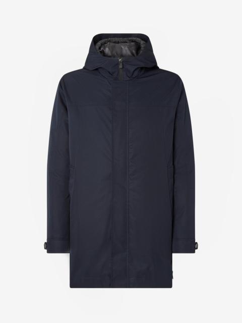 Blue technical fabric caban coat with hood
