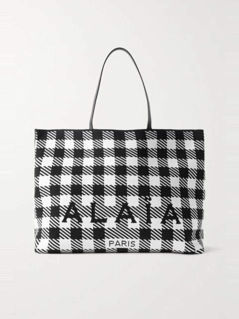Large leather-trimmed houndstooth jacquard-knit tote