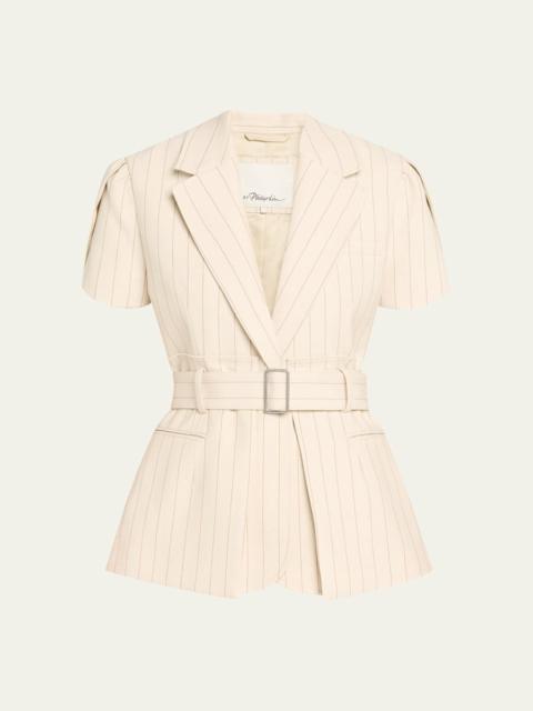 Short-Sleeve Belted Pinstripe Jacket