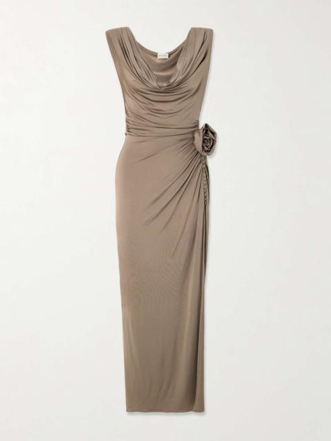 Appliquéd draped satin-jersey maxi dress