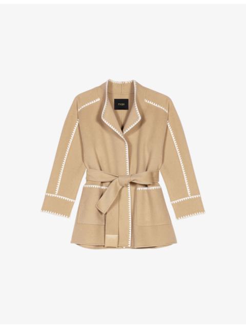 Embroidered-Trim High-Neck Wool-Blend Coat