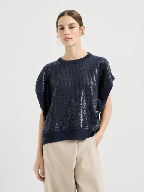 Virgin wool, cashmere and silk sweater with dazzling check embroidery