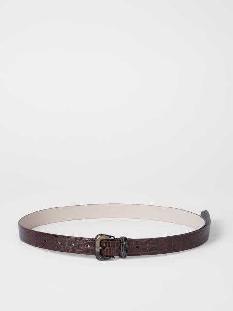 Lizard-effect calfskin belt with shiny loop