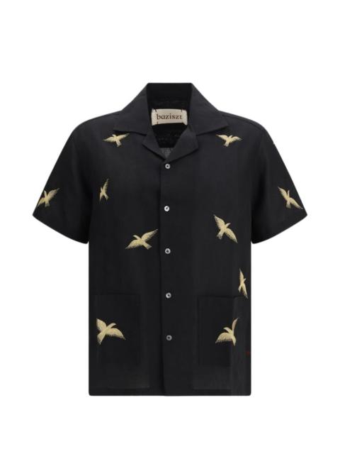 bird-embroidered pocket shirt